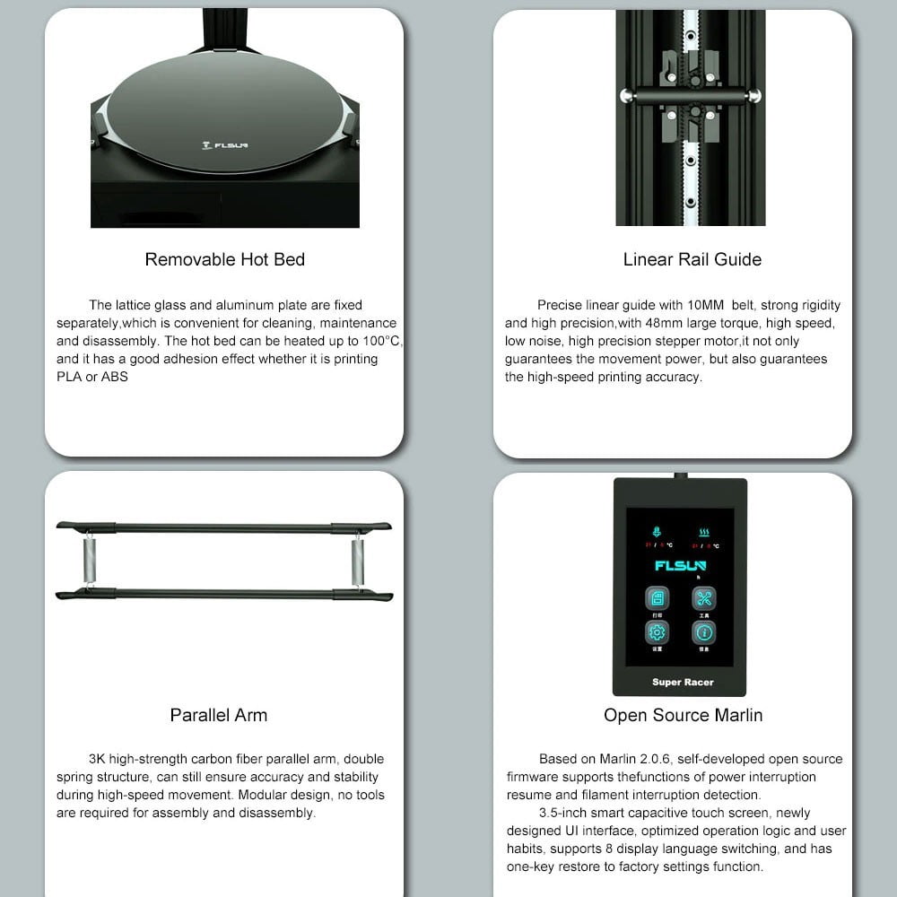 Removable hot bed, linear rail guide, parallel arm and open source marlin feature of FLSUN Super Racer 3D Printer