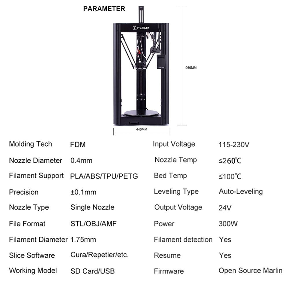 Product parameter for FLSUN Super Racer 3D Printer